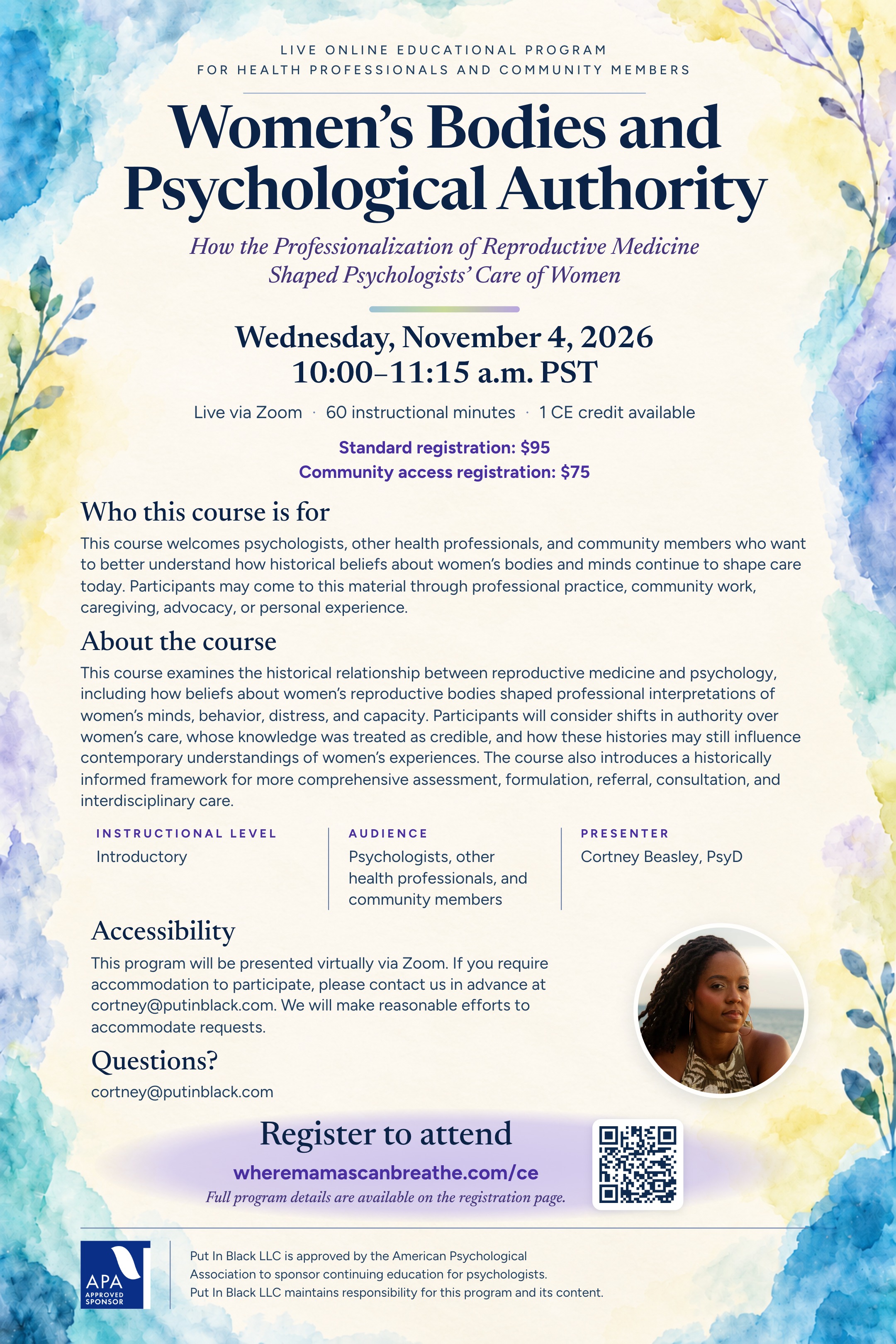 Flyer for Women’s Bodies and Psychological Authority, a live online CE course with Cortney Beasley, PsyD, on Wednesday, November 4, 2026, 10:00 to 11:15 a.m. PST